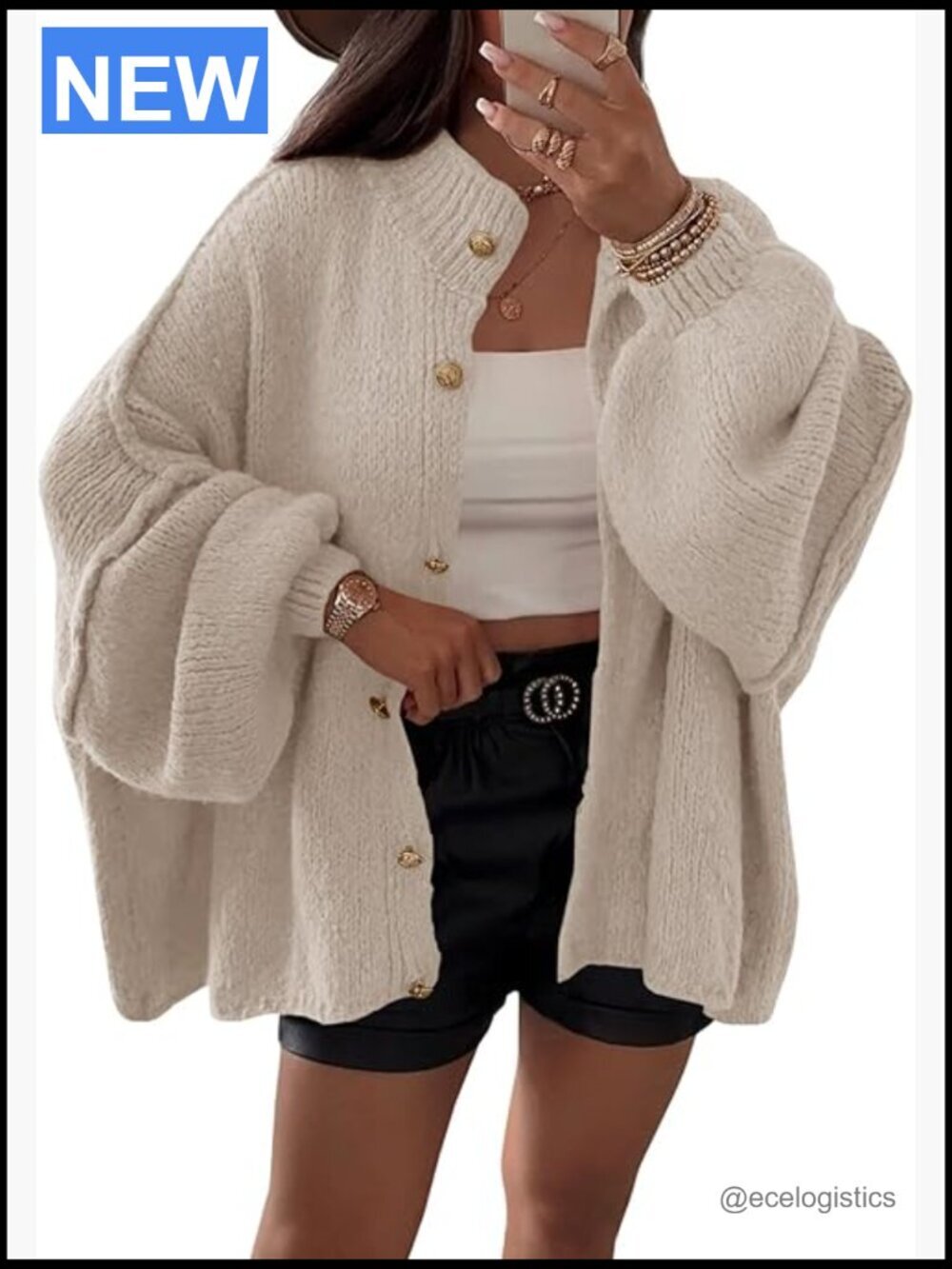 Oversized Chunky Knit Button Down Cardigan Long Lantern Sleeve